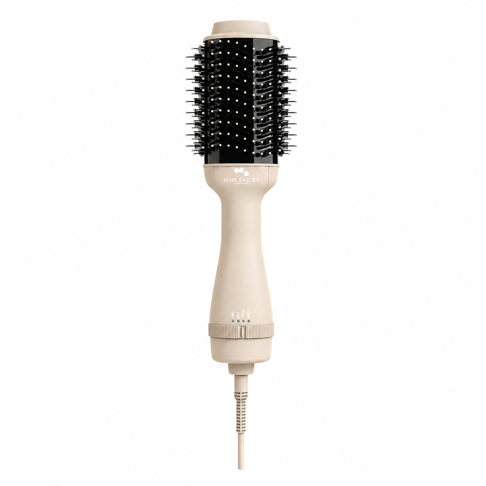 A beige and black round hot air brush with a cord, shown against a plain white background.